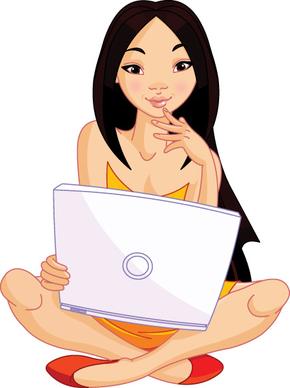 set of girl with computer design elements vector