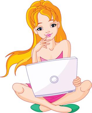 set of girl with computer design elements vector