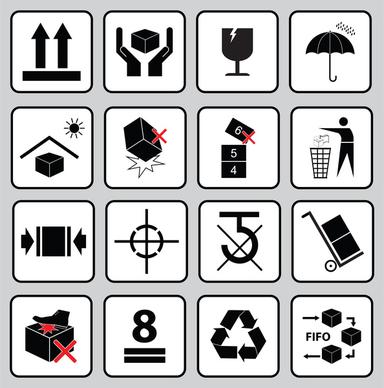 set of packaging symbols this side up handle with care fragile keep dry keep away from direct sunlight do not drop do not litter use only the trolley use fifo system max carton recyclable