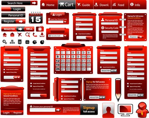 set of red style website design elements vector