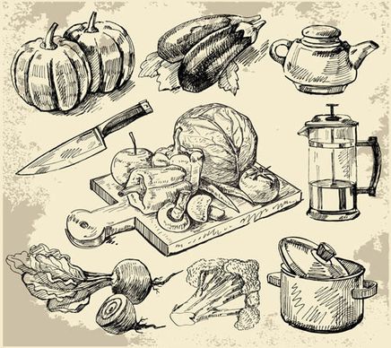 set of sketch kitchen supplies vector