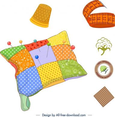 sewing work design elements colorful tools products icons