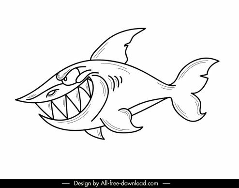 shark icon cartoon character black white hanndrawn design