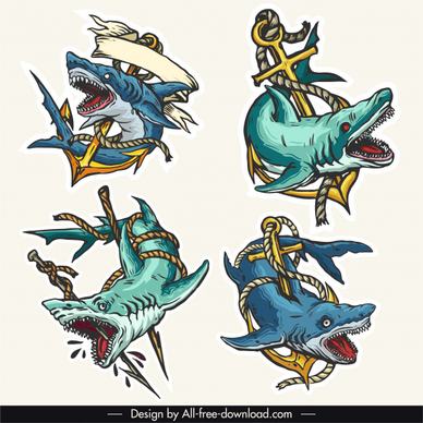 shark tattoo icons colorful dynamic violent design