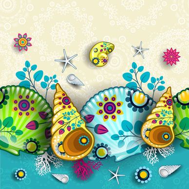shells with marine elements vector background art