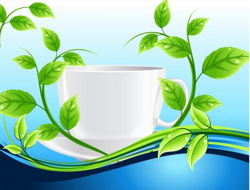 shiny cup and green leaves vector background