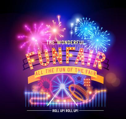 shiny funfair poster with fireworks vector