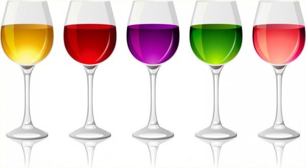 shiny wine glasses icons collection colorful liquid ornament