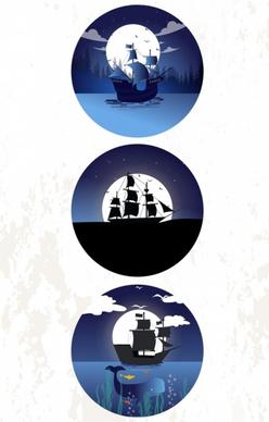 ship icons collection moonlight sea circle isolation