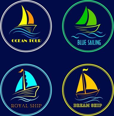 ship tour logotypes sail sea icons circle isolation