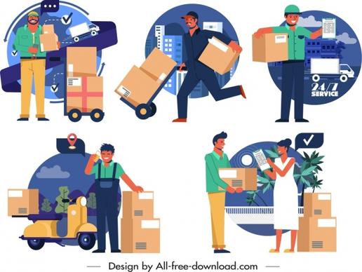 shipper icons collection delivery activities sketch cartoon design
