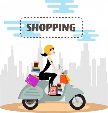 shopping advertising woman riding scooter colored cartoon