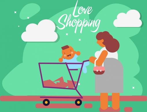 shopping background mother kid trolley icons flat decor