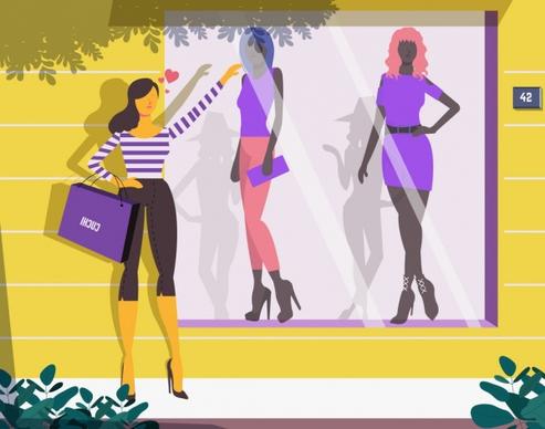 shopping background woman clothes store front icons decor