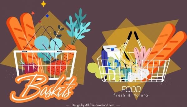 shopping basket icons dark colored classical sketch