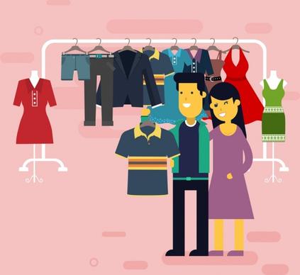 shopping drawing couple clothes store icons colored cartoon