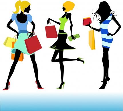 shopping elements icons modern girls sketch colorful silhouettes