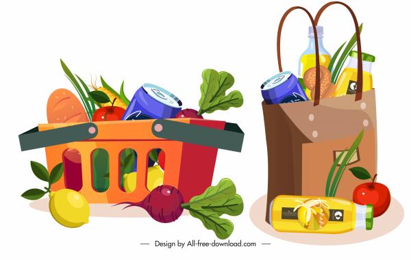 shopping icons bag cart foods sketch colorful design
