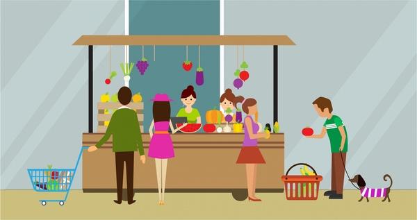 shopping theme design customers at fruit store style