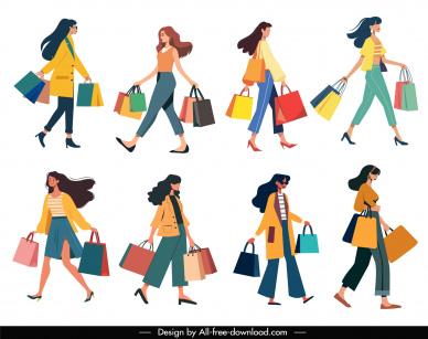 shopping women design elements collection dynamic cartoon