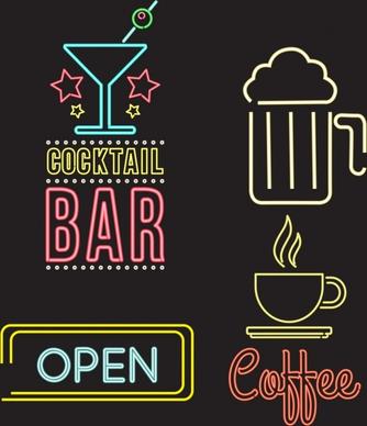 signboard icons collection bright neon decoration
