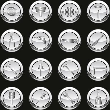 silver tools icons vector set