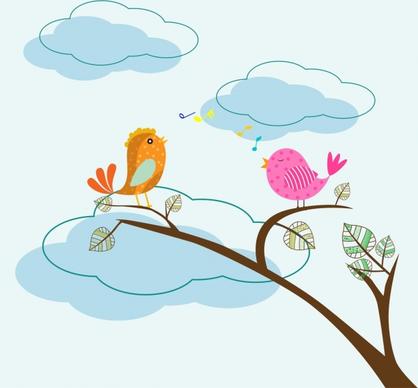 singing birds theme colored cartoon style