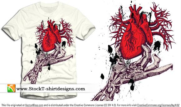 skeleton hand holding anatomical red heart with free tee design