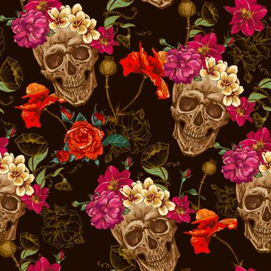 skull and poppies flower seamless pattern vector
