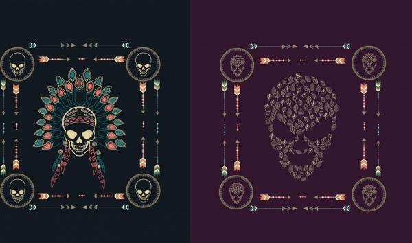 skull background sets tribal style dark design