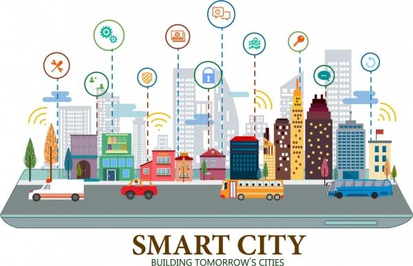 smart city poster buildings internet interface icons decor