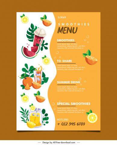 smoothie shop menu template dynamic fruits leaves decor