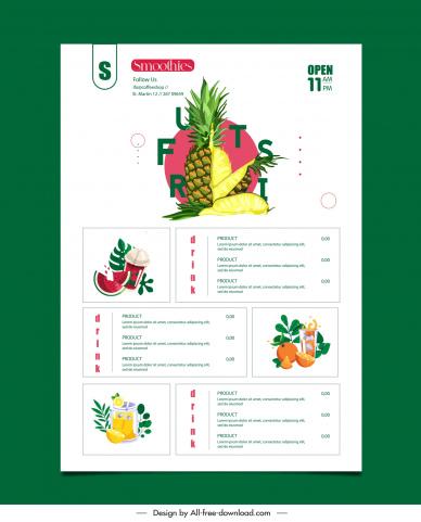 smoothie shop menu  template elegant fruits cups decor