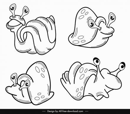 snail species icons funny handdrawn cartoon sketch