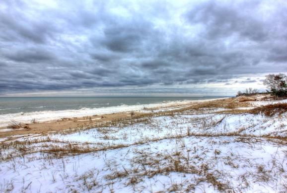 snowy lakeshore at kohler andrae state park wisconsin