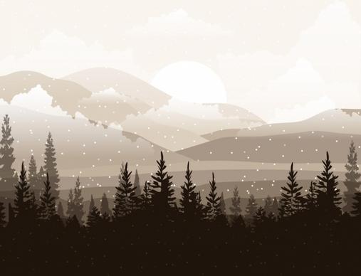 snowy landscape drawing dark design trees mountain icons