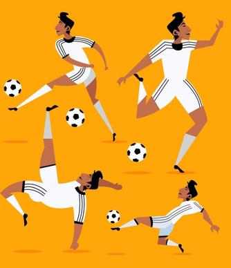 soccer player icons skillful gestures colored cartoon