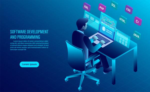 software development and coding programming of concept data processing computer code with window interface flat isometric illustration
