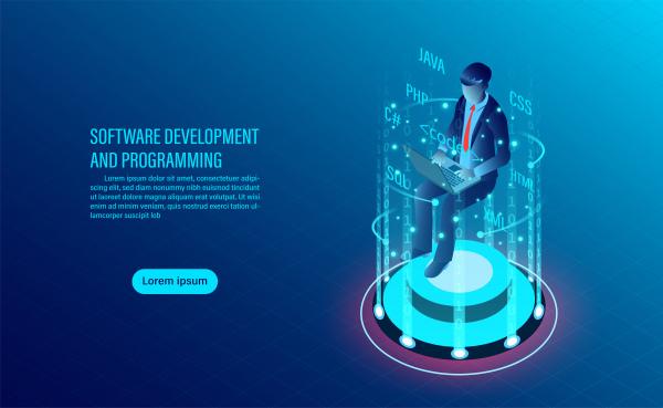software development and coding programming of concept data processing computer code with window interface flat isometric illustration