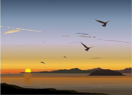 sea landscape painting sunset theme cartoon design