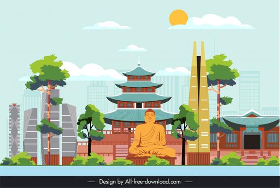 south korea travel poster template modern classic architecture temple pagoda scene sketch