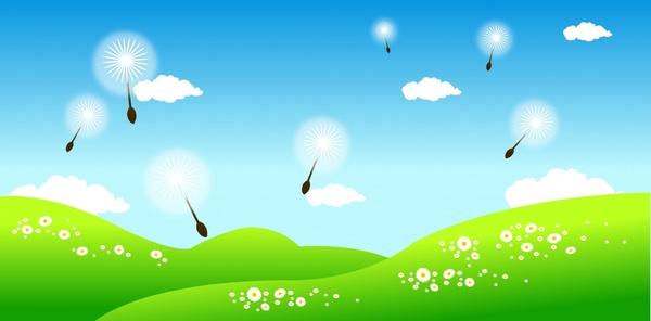 nature background hill floating dandelion icons colorful decor