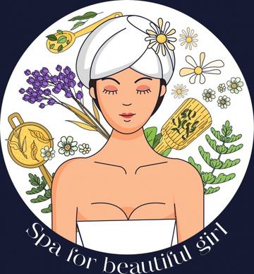 spa banner relaxed lady herb icons circle isolation