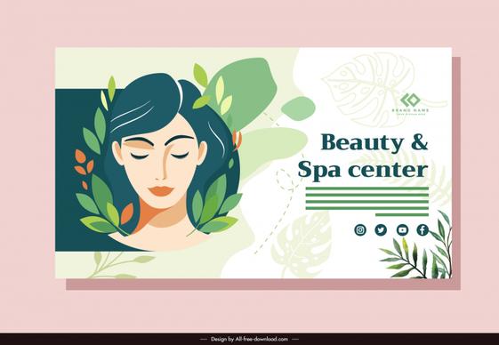 spa beauty banner template classic cartoon woman face leaves