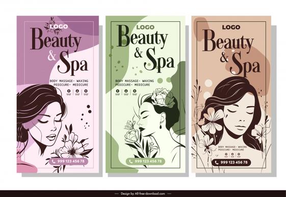 spa  beauty banner templates collection handdrawn lady faces flowers