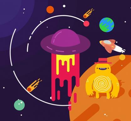 space background planets ufo spaceship monster icons