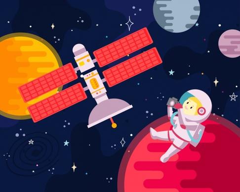 space background spaceman planets satellite icons cartoon design