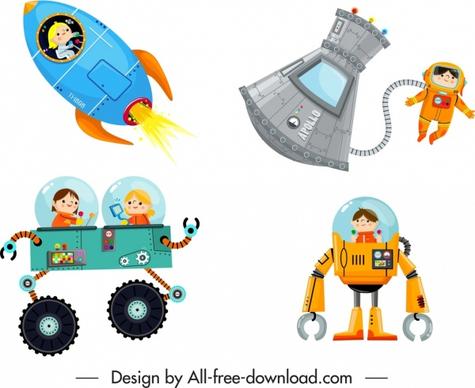 space characters icons modern design cartoon sketch