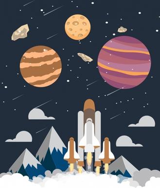 space exploration background launching ship planets icons