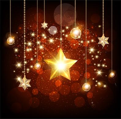 sparkling golden stars and baubles on bokeh background